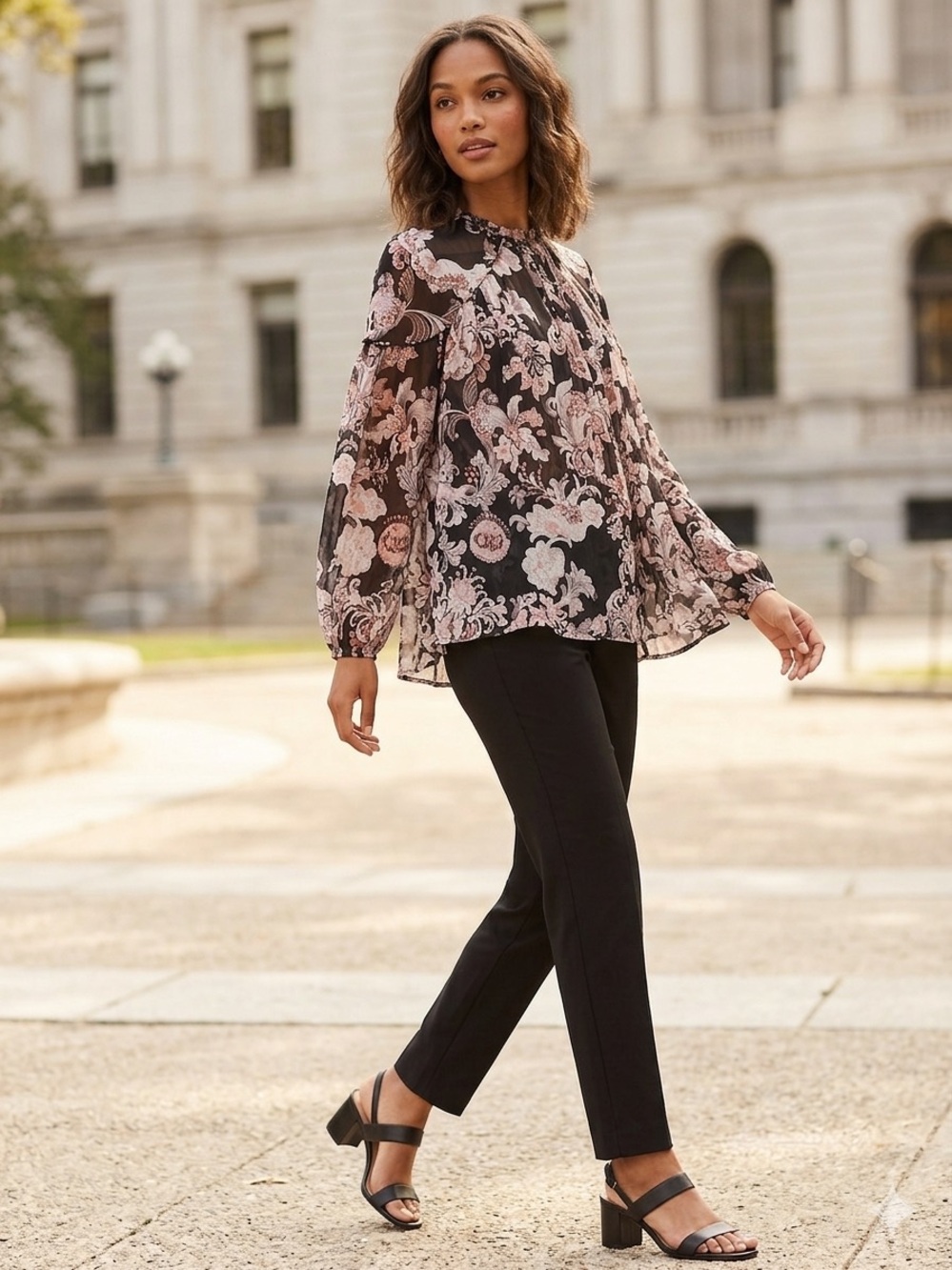 LOFT Black Floral Sheer Midi Skirt with Pink and Cream Pattern